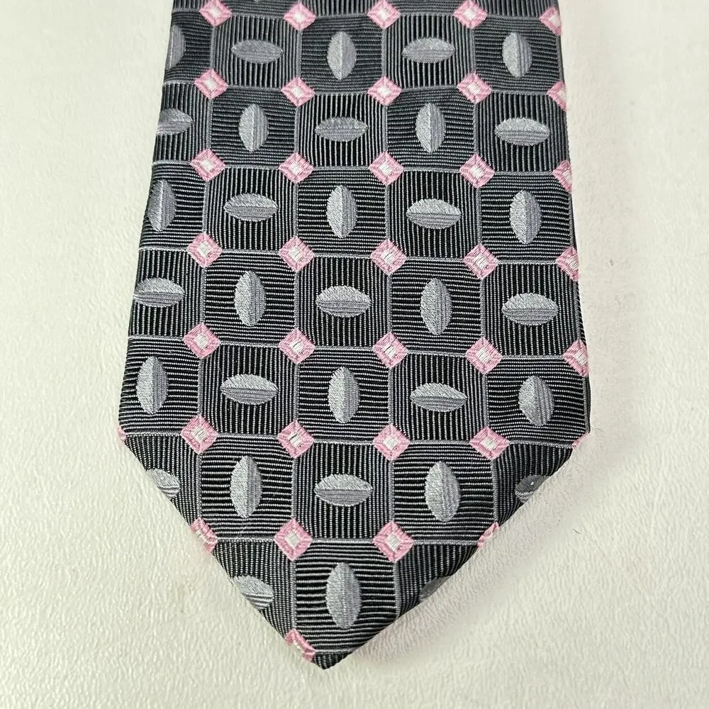 XMI Tie Mens 60 in Italian Silk Charcoal Pink Geometric Diamond Ellipsis Wide